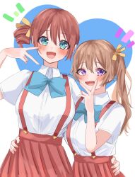 Rule 34 | 2girls, :d, aqua eyes, arm around waist, blue bow, blue bowtie, blush, bow, bowtie, breasts, brown hair, collared shirt, commentary, drill hair, emma verde, hair between eyes, hair ribbon, hand on another&#039;s waist, heart, height difference, highres, konoe kanata, large breasts, light brown hair, long hair, looking at viewer, love live!, love live! nijigasaki high school idol club, matching outfits, multiple girls, open mouth, osora dao, pleated skirt, purple eyes, red skirt, ribbon, shirt, short sleeves, side drill, side ponytail, skirt, smile, standing, suspender skirt, suspenders, twitter username, upper body, v, v over mouth, white background, white shirt