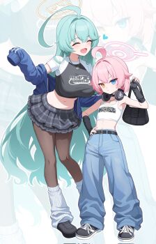 2girls age_difference ahoge alternate_costume black_shoes black_skirt blue_archive blue_pants breasts brown_pantyhose casual chelly_(glisten_chelly) closed_eyes closed_mouth facing_to_the_side full_body green_hair halo heterochromia highres hoshino_(blue_archive) hoshino_(first_year)_(blue_archive) large_breasts leg_warmers long_hair looking_at_viewer midriff multiple_girls navel onee-loli open_mouth pants pantyhose pink_hair shoes short_hair skirt small_breasts standing very_long_hair white_leg_warmers yume_(blue_archive) zoom_layer