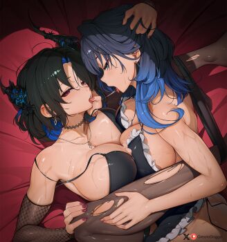 2girls after_kiss asymmetrical_horns bed_sheet black_hair black_thighhighs blue_eyes blue_hair breasts cleavage colored_inner_hair fishnets frills girl_on_top glance greatodoggo highres hololive hololive_english horns large_breasts long_hair looking_at_viewer lying mole mole_under_eye multicolored_hair multiple_girls nerissa_ravencroft on_back open_mouth ouro_kronii purple_eyes saliva saliva_trail sweat thighhighs tongue tongue_out torn_clothes torn_thighhighs uneven_horns virtual_youtuber yuri