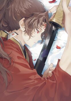1boy brown_hair commentary_request earrings from_side highres japanese_clothes jewelry katana kimetsu_no_yaiba long_hair lying male_focus on_side petals ponytail red_eyes revision sal_gun snow solo sword translation_request tsugikuni_yoriichi weapon wide_sleeves