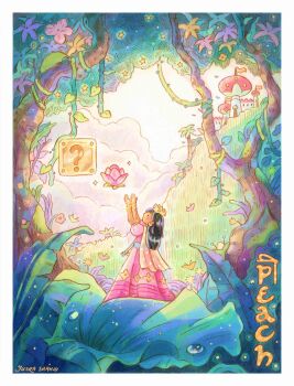 Rule 34 | ? block, absurdres, alternate hairstyle, alternate skin color, artist name, border, cape, castle, cloud, commentary, crown, dress, earrings, english commentary, english text, flower, grass, highres, jewelry, leaf, mario (series), nintendo, palm tree, pink dress, plant, princess peach, signature, sky, star (symbol), tree, vines, yusra