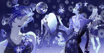 Rule 34 | 2girls, 3boys, absurdres, aranloce, baseball cap, baseball glove, baseball uniform, blue theme, chain, commentary, double bun, emporio alnino, fishnet top, fishnets, foo fighters (jojo), gakuran, hair bun, hat, highres, horned hat, jojo no kimyou na bouken, kuujou jolyne, kuujou joutarou, long hair, multiple boys, multiple girls, narciso anasui, overalls, school uniform, short hair, sportswear, stone ocean