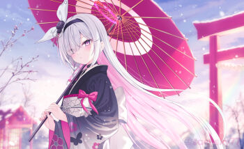 Rule 34 | 1girl, :o, black hairband, black kimono, blue archive, braid, branch, cloud, cloudy sky, commentary request, day, grey eyes, grey hair, hair over one eye, hair ribbon, hairband, holding, holding umbrella, japanese clothes, kimono, long hair, long sleeves, multicolored hair, obi, oil-paper umbrella, outdoors, parted lips, pink hair, plana (blue archive), red umbrella, ribbon, saeki sora, sash, single braid, sky, snow, snowing, solo, torii, twitter username, two-tone hair, umbrella, very long hair, white ribbon, wide sleeves