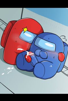 absurdres among_us blue_(among_us) blush censored cum cum_on_floor ejaculation erection flying_sweatdrops handjob highres no_humans osa_(marumaru023) penis red_(among_us) spacesuit sparkle sweatdrop what