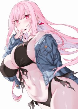 1girl absurdres artist_name bikini black_bikini black_nails blue_jacket blush breasts cleavage closed_mouth commentary denim denim_jacket earrings english_commentary fingernails front-tie_bikini_top front-tie_top glint groin highres hololive hololive_english jacket jewelry kamiya_maneki large_breasts long_hair long_sleeves looking_at_viewer mori_calliope nail_polish navel open_clothes open_jacket pink_eyes pink_hair pink_ribbon ribbon ribbon_earrings side-tie_bikini_bottom signature simple_background solo spiked_ear_piercing stomach swimsuit thighs torn_bikini torn_clothes twitter_username virtual_youtuber white_background