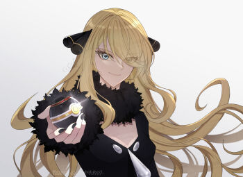 1girl black_coat blonde_hair breasts closed_mouth coat cynthia_(pokemon) fur-trimmed_coat fur-trimmed_sleeves fur_collar fur_trim grey_eyes hair_ornament hair_over_one_eye holding holding_poke_ball long_hair long_sleeves looking_at_viewer luxury_ball nintendo poke_ball pokemon pokemon_dppt sakaralalala simple_background smile solo upper_body very_long_hair