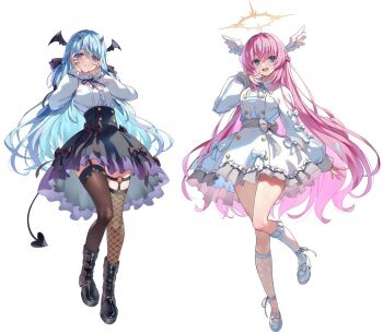 2girls angel angel_and_devil angel_wings black_horns blue_eyes blue_hair blush breasts closed_mouth demon demon_girl demon_horns demon_tail demon_wings dress feathered_wings halo highres horns ichinose_honami_(youjitsu) large_breasts long_hair long_sleeves looking_at_viewer mini_wings multiple_girls official_art open_mouth pink_hair purple_eyes shiina_hiyori shirt simple_background skirt smile spiked_halo star_halo tail tomose_shunsaku white_background white_dress white_shirt white_wings wings youkoso_jitsuryoku_shijou_shugi_no_kyoushitsu_e