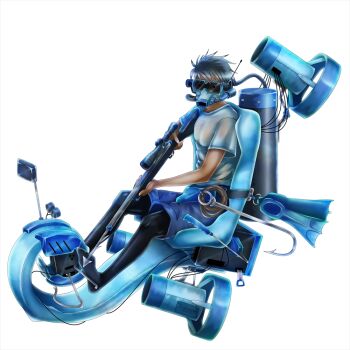 1boy black_leggings dark-skinned_male dark_skin flippers_removed gen_1_pokemon gun harpoon harpoon_gun holding holding_gun holding_weapon hook jet_ski leggings maedathesuper nintendo personification pokemon scuba_gear seadra shirt short_sleeves sitting solo t-shirt watercraft weapon white_background