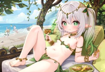 3girls ankle_bell anklet armlet ball barefoot beach beachball bed bell bikini blonde_hair blush bracelet breasts cameltoe chalice character_request choker cloud comodox cup earrings eating feet food gem genshin_impact gradient_hair green_bikini green_eyes green_hair groin halo highres jewelry knee_up loincloth loli long_hair looking_at_viewer lying micro_bikini multicolored_hair multiple_girls nahida_(genshin_impact) neck_bell nipple_slip nipples ocean on_back outdoors paimon_(genshin_impact) pillow plate pointy_ears shirt short_hair shorts side_ponytail sky small_breasts stomach strap_slip swimsuit thighs toes two-tone_hair white_hair white_shirt white_shorts
