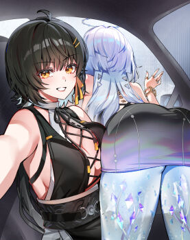 2girls ass bare_shoulders black_dress black_hair breasts car_interior commentary cross-laced_clothes cross-laced_dress dress english_commentary female_rover_(wuthering_waves) foxyreine grey_hair hair_ornament hair_ribbon hairclip halo he_wants_to_order_(meme) highres long_hair looking_at_viewer medium_breasts meme mornye_(wuthering_waves) multiple_girls no_jacket parallel_hairclips parted_lips purple_dress ribbon rover_(wuthering_waves) see-through_body sleeveless sleeveless_dress smile wuthering_waves yellow_ribbon