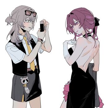 2girls alternate_costume alternate_hairstyle bare_back bare_shoulders belt black_bow black_choker black_dress black_vest bow breasts camera character_charm charm_(object) choker closed_mouth collared_shirt commentary commission cowboy_shot d0600059994959 dress elbow_gloves english_commentary fingernails gem gloves grey_hair grey_skirt hair_between_eyes hair_bow hair_bun hand_up hands_up highres holding holding_camera honkai:_star_rail honkai_(series) jewelry kafka_(honkai:_star_rail) long_hair looking_at_another medium_breasts miniskirt multiple_girls necklace necktie open_clothes open_mouth open_vest pearl_(gemstone) pearl_necklace pink_belt pink_lips pink_pupils ponytail purple_eyes purple_hair shirt short_sleeves sidelocks simple_background skirt sleeveless sleeveless_dress smile stelle_(honkai:_star_rail) strapless strapless_dress taking_picture trailblazer_(honkai:_star_rail) vest watch white_background white_gloves white_shirt wristwatch yellow_eyes yellow_necktie