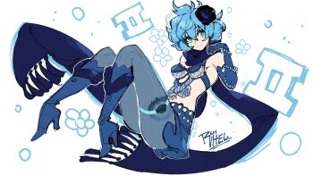 1girl arm_up artist_name blue_eyes blue_hair blue_scarf blush boots bra breasts bridal_gauntlets detached_sleeves drag-on_dragoon drag-on_dragoon_3 flower hair_flower hair_ornament hugging_another&#039;s_leg pantyhose roman_numeral ruivhel scarf short_hair simple_background sitting skirt square_enix stomach thigh_strap two_(drag-on_dragoon) underwear white_background