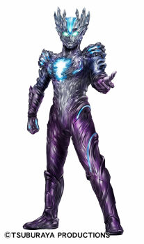 1boy alien batayan blue_skin color_timer colored_skin commentary_request copyright_notice giant glowing glowing_eyes green_eyes multicolored_skin official_art purple_skin reaching reaching_towards_viewer silver_skin solo tokusatsu tsuburaya_productions ultra_galaxy_(series) ultra_series ultraman_saga ultraman_saga_(movie) white_background