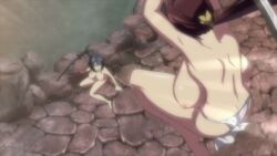 2girls animated anime_screenshot arms_up ass back backboob blue_hair bouncing_breasts breasts brown_hair collarbone falling feet female_focus fighting fundoshi highres hoods_entertainment huge_breasts japanese_clothes katana large_breasts manyuu_chifusa manyuu_hikenchou multiple_girls nipples nude okami_(manyuu_hikenchou) on_floor onsen outdoors ponytail sagging_breasts sitting sound sword tagme takagi_jun topless_female video weapon