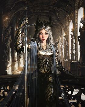 1girl armor breastplate closed_mouth commentary english_commentary gauntlets grey_hair hair_ornament hand_on_railing highres holding holding_sword holding_weapon indoors jewelry light_rays long_hair looking_at_viewer necklace original palace red_lips sam_yang solo standing statue sunbeam sunlight sword weapon