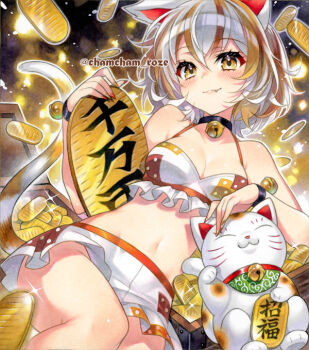 1girl :3 animal_ears bare_shoulders bell black_choker blush bra bracelet breasts calico_(pattern) cat_ears cat_girl cat_tail chacham choker cleavage closed_mouth coin commentary_request fang fingernails frilled_bra frilled_shorts frills gold goutokuji_mike halterneck jewelry jingle_bell koban_(gold) looking_at_viewer maneki-neko marker_(medium) multicolored_hair navel neck_bell partial_commentary patch patchwork_clothes red_nails sharp_fingernails short_hair shorts sitting smile solo streaked_hair tail touhou traditional_media twitter_username two-tone_hair underwear white_hair yellow_eyes