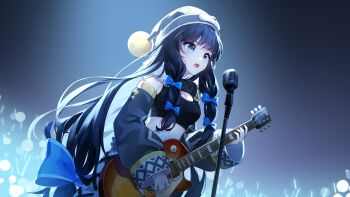 Rule 34 | 1girl, absurdres, beanie, black hair, blue bow, bow, breasts, cleavage, commentary request, crop top, dabi (15dldl15), detached sleeves, glowstick, green eyes, grey hat, grey sleeves, guitar, hair bow, hat, highres, indie virtual youtuber, instrument, jang yui, korean commentary, long hair, low twintails, microphone, multiple hair bows, music, open mouth, playing guitar, playing instrument, pom pom (clothes), pom pom hat ornament, shure 55sh, singing, solo, twintails, wide sleeves