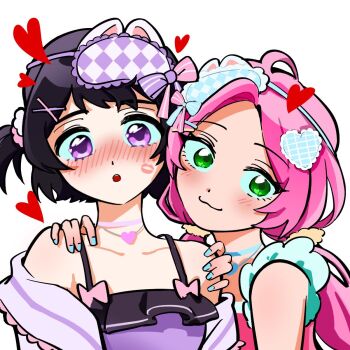 2girls :3 :o alien_stage alternate_costume animal_ears blue_choker blue_nails blush borrowed_design choker closed_mouth commentary dress english_commentary green_eyes hair_ornament hands_on_another&#039;s_shoulders heart heart_hair_ornament heart_necklace highres jewelry lipstick_mark lipstick_mark_on_face long_hair low_twintails mask mask_on_head mirdilean mizi_(alien_stage) multiple_girls necklace open_mouth pink_dress purple_choker purple_dress purple_eyes scrunchie short_hair sleep_mask sua_(alien_stage) twintails yellow_scrunchie yuri