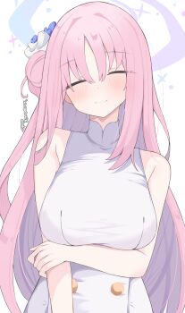 1girl absurdres arm_under_breasts blue_archive blush breasts closed_eyes closed_mouth commentary dress facing_viewer hair_bun halo highres large_breasts long_hair looking_at_viewer mika_(blue_archive) nui_(nuinui0300) pink_hair purple_halo single_side_bun sleeveless sleeveless_dress smile solo translation_request turtleneck turtleneck_dress upper_body variant_set very_long_hair white_background white_dress