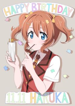 1girl absurdres ajapar blue_eyes blush brown_hair brown_necktie commentary_request confetti date_connection dated food food_in_mouth grey_background hair_ornament hairclip happy_birthday highres holding holding_food holding_pocky konoe_haruka looking_at_viewer love_live! love_live!_nijigasaki_high_school_idol_club necktie plaid_clothes plaid_necktie pocky pocky_day pocky_in_mouth school_uniform shinonome_academy_school_uniform short_hair simple_background solo twintails