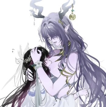 2girls between_breasts black_hair black_horns bracelet breasts closed_eyes columbina_(genshin_impact) flower genshin_impact gold_bracelet gold_necklace gold_ring hair_ribbon hand_on_another's_head head_between_breasts headpat highres horns jewelry lauma_(genshin_impact) multiple_girls necklace oky724 open_mouth purple_hair purple_nails ribbon upper_body white_background