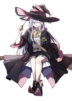 1girl ;d absurdres black_cloak black_hat black_skirt bow broom broom_riding cloak commentary_request elaina_(majo_no_tabitabi) emblem farat0827 full_body grey_hair hand_up hat highres holding holding_wand long_hair majo_no_tabitabi one_eye_closed open_mouth pink_hat purple_eyes shirt shoes simple_background sitting skirt smile solo two-sided_fabric two-sided_headwear very_long_hair wand white_background white_shirt witch witch_hat yellow_bow