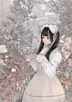1girl black_hair bow bow_hairband chinstrap closed_mouth cowboy_shot dress expressionless fingernails flower from_side greenhouse grey_dress grey_eyes hairband highres indoors lolita_fashion long_hair muted_color original own_hands_together plant purupurualiens red_flower shirt sleeves_past_wrists solo standing straight_hair twintails white_bow white_shirt