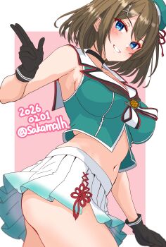 1girl absurdres aqua_hat ass beret black_gloves blue_eyes blush breasts brown_hair cleavage commentary_request cowboy_shot dated gloves gradient_clothes gradient_skirt hair_ornament hairclip hat headgear highres kantai_collection large_breasts looking_at_viewer maya_(kancolle) maya_kai_ni_(kancolle) midriff mini_hat navel nitamako_(sakamalh) pink_background pleated_skirt school_uniform serafuku short_hair skirt sleeveless solo twitter_username white_background white_skirt x_hair_ornament