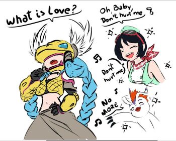 andyfbr armor blue_hair closed_eyes digimon digimon_story:_time_stranger gomamon long_hair minervamon music musical_note scarf singing sparkle yuuki_kanan