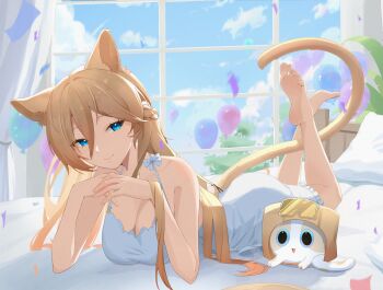 1girl absurdres animal_ears balloon bare_shoulders barefoot birthday blonde_hair blue_eyes blue_sky breasts cake_cat_(honkai:_star_rail) cat_ears cat_tail chinese_commentary cleavage commentary_request durandal_(honkai_impact) feet highres honkai:_star_rail honkai_(series) honkai_impact_3rd indoors kemonomimi_mode large_breasts legs_up long_hair lying nightgown on_bed on_stomach pillow sky smile soles tail the_pose toes white_nightgown window youmiao_oxo