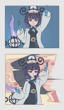 1girl 2koma :&lt; absurdres arm_up black_dress black_ribbon blue_gloves border broken chandelure closed_mouth coat comic crowsk door dress empty_eyes explosion female_focus fire flat_chest flat_color gen_5_pokemon gloves gradient_hair grey_border gwynn_(pokemon) hand_up happy hat highres long_sleeves looking_at_viewer multicolored_hair multiple_views neck_ribbon nintendo open_clothes open_coat partially_fingerless_gloves pokemon pokemon_(creature) pokemon_legends:_z-a purple_eyes purple_fire purple_hair ribbon sash short_hair smile standing straight-on unamused upper_body white_coat wide_sleeves wind yellow_eyes