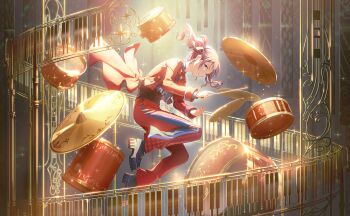 1girl backlighting bent_over black_boots black_sash blue_eyes blue_shirt blunt_bangs boots bow bowtie brown_hair buttoned_cuffs buttons collared_shirt colorful_palette conductor_baton cropped_jacket cymbals dress_shirt drum drum_set earrings eyelashes feet_up fingernails floating full_body glint grey_ribbon hair_ribbon hands_up highres holding holding_baton indoors instrument jacket jewelry lace-up_boots light_particles light_smile little_bravers!_(project_sekai) looking_ahead mismatched_earrings mochizuki_honami neckerchief obi official_alternate_costume official_art pants parted_lips pattern_request patterned_clothing platform_boots platform_footwear profile project_sekai red_bow red_bowtie red_jacket red_neckerchief red_pants ribbon sash shirt side_ponytail sidelocks sideways_glance solo spotlight star_(symbol) star_earrings striped_clothes striped_pants tailcoat tareme third-party_source triple_vertical_stripe vertical-striped_clothes vertical-striped_pants wavy_hair