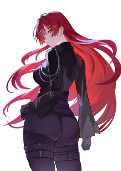 1girl absurdres aiguillette ass black_gloves breasts closed_mouth commentary_request cowboy_shot duel_monster exosister_martha floating_hair from_behind gloves hair_between_eyes hand_on_own_hip highres jacket korean_commentary large_breasts long_hair long_sleeves looking_at_viewer military_jacket military_uniform nbee_ya pants red_eyes red_hair red_jacket sidelocks simple_background smile solo standing tight_clothes tight_pants white_background yu-gi-oh!