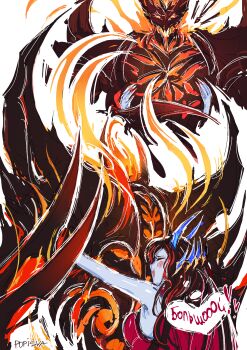 1boy 1girl 2025 absurdres aliasing alternate_costume alternate_hairstyle anime_coloring armpits artist_name bare_shoulders blue_skin blush closed_eyes colored_skin demon demon_girl demon_horns dota_(series) dota_2 excited fire happy highres horns hug long_hair nail_polish official_alternate_costume official_alternate_hairstyle popisya queen_of_pain_(dota) red_nails russian_text shadow_fiend sleeveless speech_bubble thought_bubble white_background wings