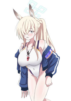 1girl animal_ear_fluff animal_ears armband blonde_hair blue_archive blue_eyes blue_halo blue_jacket breasts competition_swimsuit covered_navel dog_ears dog_girl extra_ears hair_over_one_eye halo highleg highleg_one-piece_swimsuit highres jacket kanna_(blue_archive) kanna_(swimsuit)_(blue_archive) large_breasts leaning_forward long_hair looking_at_viewer notched_ear official_alternate_costume one-piece_swimsuit ponytail purple_armband simple_background solo spica_(53_trump) swimsuit whistle whistle_around_neck white_background white_one-piece_swimsuit