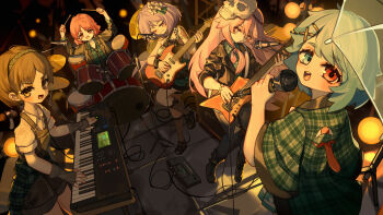 5girls absurdres band_(music) blue_eyes blush brown_eyes brown_hair drum electric_guitar green_shirt guitar hata_no_kokoro highres horikawa_raiko instrument keyboard_(instrument) kourou_(kouroukun) long_hair microphone multiple_girls music open_mouth orange_hair pink_eyes pink_hair purple_hair red_eyes shirt short_hair short_sleeves singing smile tatara_kogasa touhou tsukumo_benben tsukumo_yatsuhashi umbrella