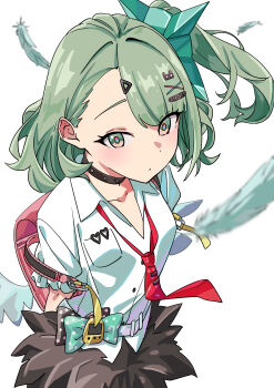 Rule 34 | 1girl, absurdres, backpack, bag, bandaid, bandaid hair ornament, black choker, blush, bow, breasts, choker, closed mouth, collarbone, collared shirt, commentary, cowboy shot, feathers, fur-trimmed skirt, fur trim, green bow, green eyes, green hair, hair ornament, hairclip, highres, looking at viewer, loose necktie, medium hair, multiple hair clips, necktie, pink bag, polka dot, red necktie, school uniform, shirt, short sleeves, simple background, skirt, small breasts, solo, sunna (zenless zone zero), takkun (takkun20), white background, white shirt, winged bag, wings, zenless zone zero