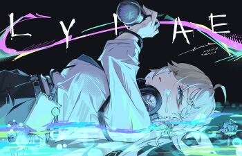 Rule 34 | 1girl, absurdres, ahoge, artist name, black skirt, blonde hair, blue eyes, breasts, can, commentary, from side, hair ornament, headphones, headphones around neck, highres, holding, holding can, long hair, lying, lynae (wuthering waves), medium breasts, noto (noto 1213), on back, parted lips, shirt, shirt tucked in, skirt, skull hair ornament, solo, spray can, white shirt, wuthering waves