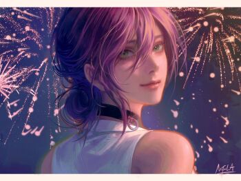 1girl choker fireworks green_eyes hair_between_eyes highres lips looking_at_viewer naofaro night night_sky portrait purple_hair reze_(chainsaw_man) sidelocks signature sky
