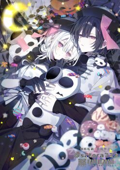 2girls absurdres bat_ornament black_gloves black_hair blush bow breasts commentary gloves grey_bow hair_between_eyes highres jack-o&#039;-lantern jewelry jiangshi_costume long_sleeves lying medium_breasts medium_hair multiple_girls on_back original panda pink_eyes ring symbol-only_commentary white_hair yakinikusakoku