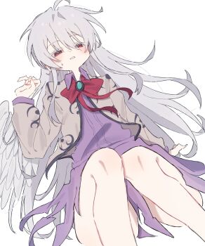 Rule 34 | 1girl, alternate hair length, alternate hairstyle, blush, bow, bowtie, collared dress, commentary, dress, grey jacket, hair between eyes, hand up, highres, jacket, kishin sagume, legs, long hair, long sleeves, looking at viewer, maruten moko, open clothes, open jacket, parted lips, purple dress, red bow, red bowtie, red eyes, single wing, sitting, solo, sweatdrop, symbol-only commentary, thighs, touhou, white background, white hair, white wings, wings