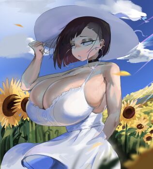 1girl absurdres black_choker black_eyeliner black_hair booruguru breasts bursting_breasts choker cleavage cloud day dress ear_piercing earrings eyelashes eyeliner eyeshadow falling_petals field flower flower_field goth_(booruguru) half-closed_eyes hat highres holding holding_unworn_clothes holding_unworn_hat hoop_earrings huge_breasts jewelry looking_to_the_side makeup original outdoors petals piercing short_hair skindentation sky standing sun_hat sundress sunflower sunflower_field unworn_hat unworn_headwear white_dress white_hat wind wind_lift