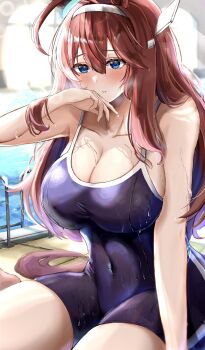 1girl ahoge animal_ears black_one-piece_swimsuit blue_eyes breasts brown_hair cleavage collarbone covered_navel hairband highres horse_ears horse_girl long_hair mihono_bourbon_(umamusume) nunu_(pixiv69145027) one-piece_swimsuit pool pool_ladder solo swimsuit umamusume wet wet_clothes wet_hair wet_swimsuit white_hairband