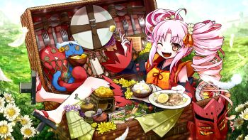 Rule 34 | 1girl, ahoge, bare shoulders, basket, black dress, black kimono, black sandals, black sleeves, commentary request, curtained hair, detached sleeves, dress, drill hair, fang, feathers, flower, food, fork, geta, grasslands, hair flower, hair ornament, hair ribbon, highres, holding, holding food, jacket, japanese clothes, kimono, kimono dress, long hair, long sleeves, mask, one eye closed, onikko hunter tsuina-chan, open mouth, orange eyes, orange jacket, orange ribbon, outdoors, parted bangs, peru co, pink hair, plate, pointy ears, red dress, red rope, red sleeves, red trim, ribbon, rope, sandals, sandwich, shimenawa, skin fang, sleeveless, sleeveless dress, solo, sparkling eyes, spoon, tasuki, tengu-geta, tsuina-chan, twin drills, two-tone sleeves, unworn mask, very long hair, voiceroid, wide sleeves