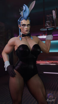 1girl 3d animal_ears artist_logo black_bow black_bowtie black_gloves black_leotard blonde_hair bow bowtie brown_pantyhose detached_collar face_piercing flower glasses gloves hair_flower hair_ornament highres holding holding_tray indoors junker_queen_(overwatch) leotard lip_piercing lip_ring logo overwatch pantyhose piercing playboy_bunny rabbit_ears red_eyes solo strapless strapless_leotard tray white_wrist_cuffs wrist_cuffs zinker