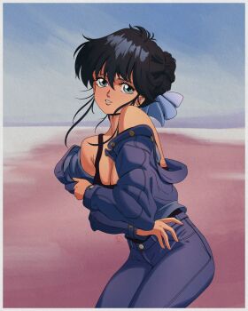 1girl absurdres aqua_eyes ayukawa_madoka bare_shoulders black_bra black_hair blue_bow blue_jacket bow bra breasts buttons cleavage cloud cloudy_sky commentary_request denim fingernails fritz_willie grey_eyes highres horizon jacket jeans kimagure_orange_road location_request long_bangs looking_at_viewer matsumoto_izumi_(mangaka) medium_breasts multicolored_eyes off_shoulder pants retro_artstyle signature sky smile solo two-tone_eyes underwear unzipped wind