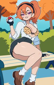 1girl animal_print arm_support bench black_gloves black_hairband black_skirt borrowed_character bow bow_bra bra breasts brown_shoes bush collared_shirt commentary commission english_commentary eyelashes eyeshadow fingerless_gloves full_body gloves hair_between_eyes hairband hand_up high_side_ponytail highres holding holding_poke_ball leaning_to_the_side leg_up leopard_print leopard_print_bra looking_at_viewer makeup medium_breasts orange_hair original outdoors park_bench partially_unbuttoned pencil_skirt pink_eyes pink_eyeshadow poke_ball poke_ball_(basic) print_bra shadow shirt shirt_tucked_in shoes sitting skirt sleazynavi sleeves_rolled_up smile socks solo thighs tree underwear white_socks