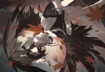 1girl absurdres autumn_leaves bird_wings black_ribbon black_skirt breasts brown_wings chinese_commentary commentary_request falling_leaves feathered_wings frilled_skirt frills hat highres holding leaf looking_at_viewer maple_leaf neck_ribbon pointy_ears pom_pom_(clothes) puffy_short_sleeves puffy_sleeves red_eyes red_hat ribbon ribbon-trimmed_skirt ribbon_trim shameimaru_aya shirt short_sleeves skirt small_breasts smile solo tokin_hat touhou white_shirt wings yellllll