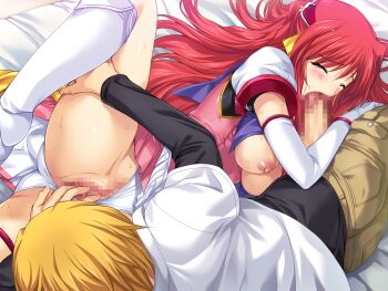 Rule 34 | 1boy, 1girl, 69, bed, bed sheet, blonde hair, blush, boots, breasts, breasts out, censored, choukou (alicesoft), choukou tenshi escalayer, closed eyes, clothing aside, dress, elbow gloves, escalayer, fellatio, fingering, game cg, gloves, hetero, knee boots, kouenji sayuka, large breasts, large variant set, leg lift, leg up, long hair, lying, magical girl, mosaic censoring, nipples, non-web source, official art, on bed, on side, onigirikun, open fly, oral, pants, penis, pussy, pussy juice, red hair, shirt, skirt, spread legs, sweat, underwear, variant set, very long hair, white gloves, yanase kyouhei