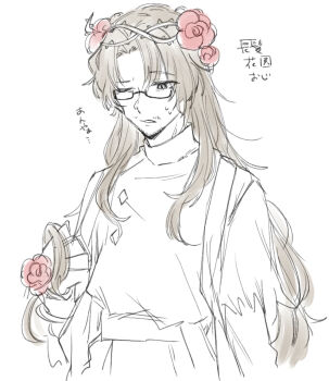 1boy ;o absurdres alternate_costume alternate_hair_length alternate_hairstyle beard_stubble black-framed_eyewear black-framed_glasses bow brown_hair buttons capelet cropped_torso crown_of_thorns diamond_(shape) diamond_button dress e.g.o_(project_moon) facial_hair flower flower_wreath from_side garden_of_thorns_(e.g.o) gauntlet glasses gregor_(project_moon) greyscale hair_between_eyes hair_bow hair_flower hair_intakes hair_ornament hair_vines hairband half-closed_eye hand_in_own_hair hand_up head_wreath highres holding holding_own_hair lily26983455 limbus_company limited_palette long_hair long_sleeves looking_at_hair looking_down male_bride male_focus monochrome official_alternate_costume one_eye_closed parted_bangs parted_lips partially_colored plant playing_with_own_hair project_moon raised_eyebrow rectangular_eyewear red_flower red_rose rose sash semi-rimless_eyewear shoulder_sash simple_background sketch solo spot_color standing stubble sweatdrop thorns torn_capelet torn_clothes turtleneck turtleneck_dress under-rim_eyewear upper_body very_long_hair vines waist_sash wavy_hair white_background wince